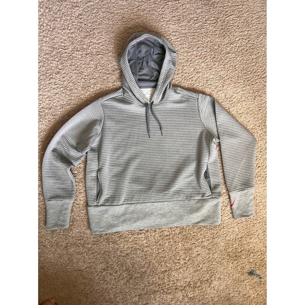 Nike Dri-FIT Women Gray Ribbed Textured Hoodie Sweatshirt Large Pink Swoosh